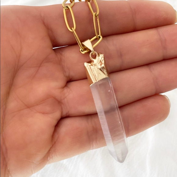 Clear Quartz Pendant Gold Oval Chain Necklace - Picture 6 of 7
